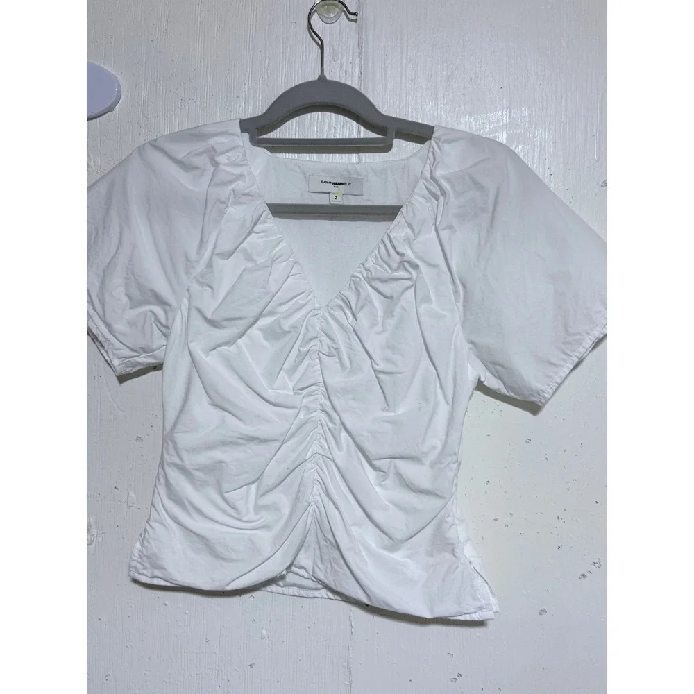 Banana Republic White Cotton Ruched V-Neck Puff Sleeve Blouse Size 2